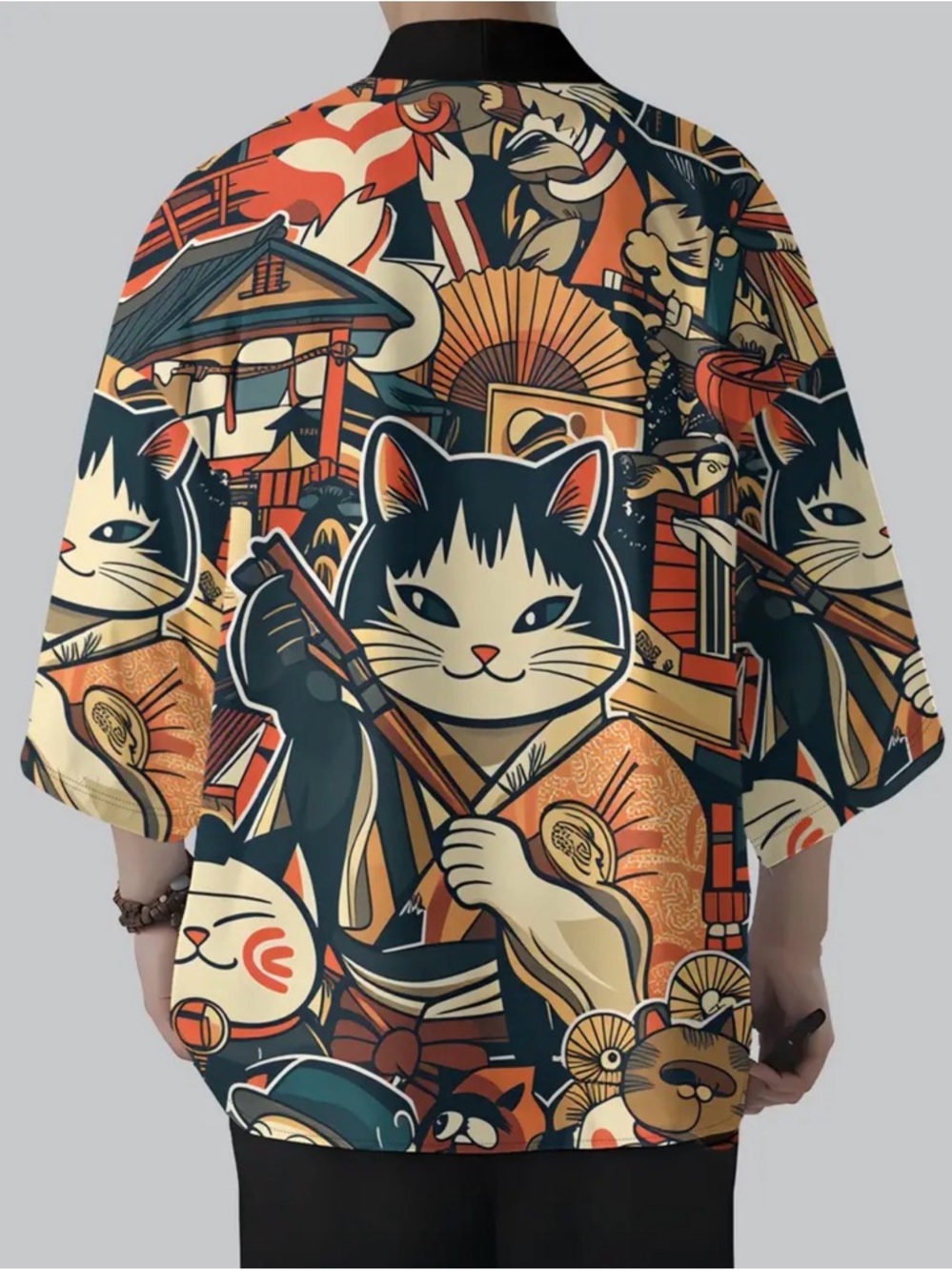 Stylish Cat Print Pet-Themed Kimono Jacket - Black & Cream